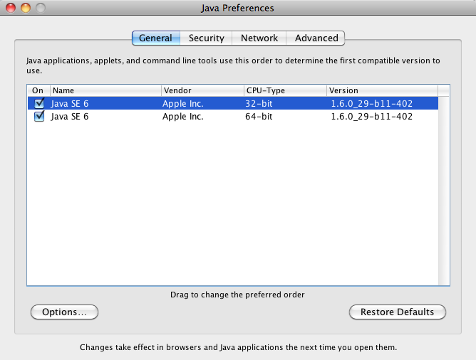 Mac Java preferences with 32-bit first in the list